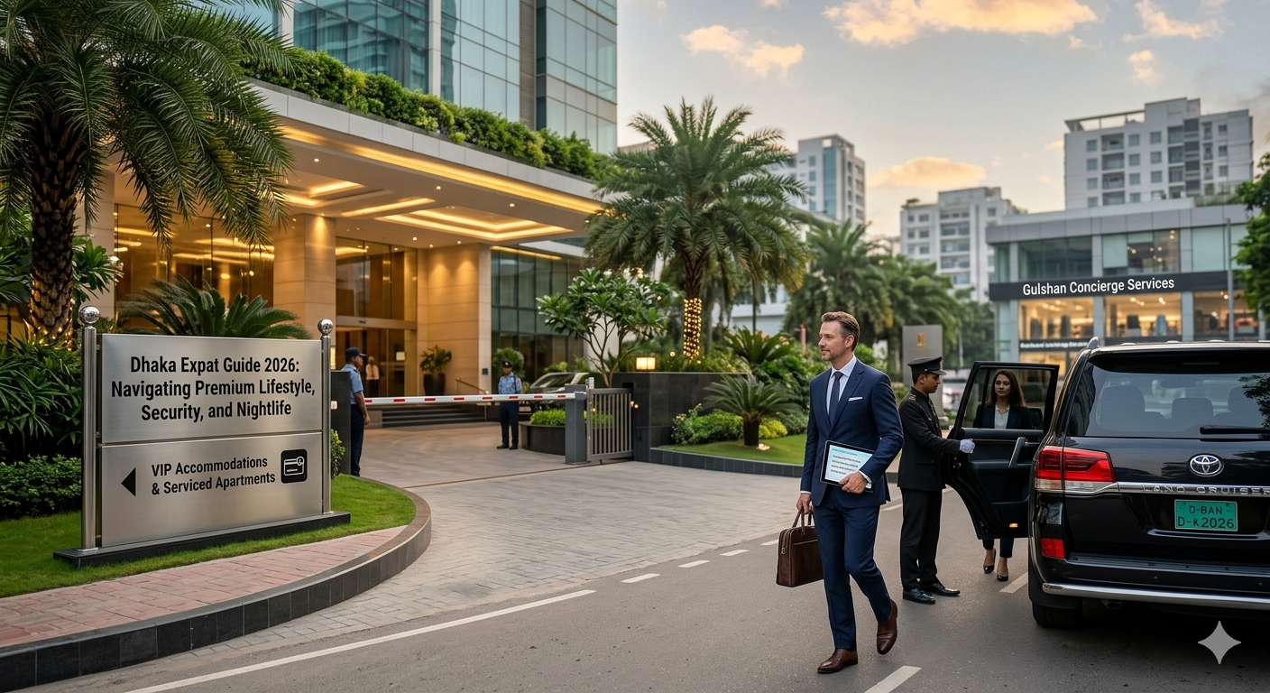 Dhaka Expat Guide 2026: An executive traveler steps out of a luxury SUV at a secure 5-star hotel entrance in Gulshan, showcasing premium lifestyle and security amenities