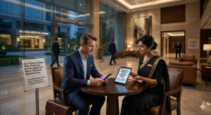 Premium escort agencies enforcing secure zero-upfront fee policies for corporate clients in a luxury Dhaka hotel lounge.