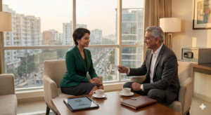 Elite client meeting in a high-rise luxury hotel lounge, secure companion service in Dhaka, professional hospitality and private discretion