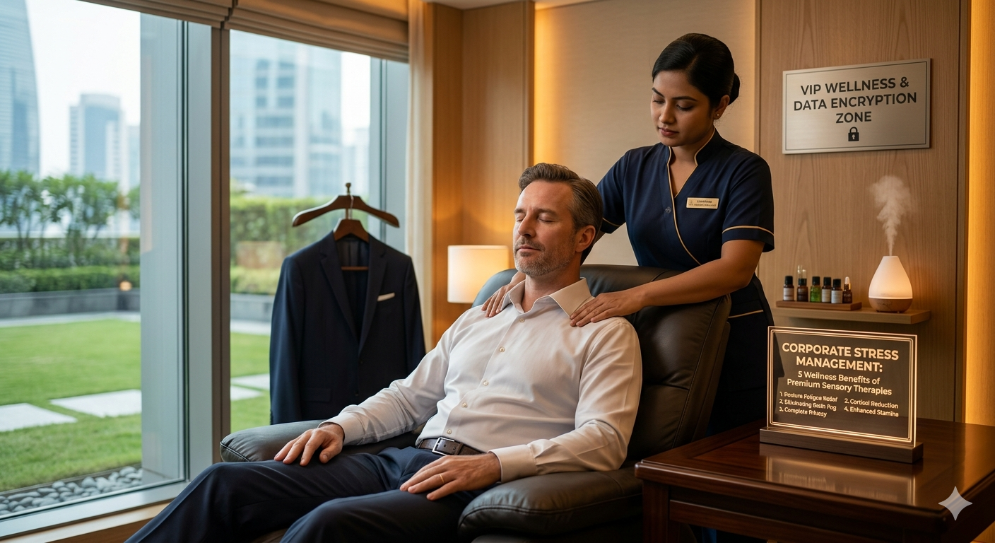 Executive undergoing corporate stress management therapy in a premium, high-end Dhaka luxury wellness center.