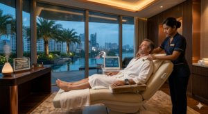 Executive undergoing corporate stress management therapy in a premium, high-end Dhaka luxury wellness center.