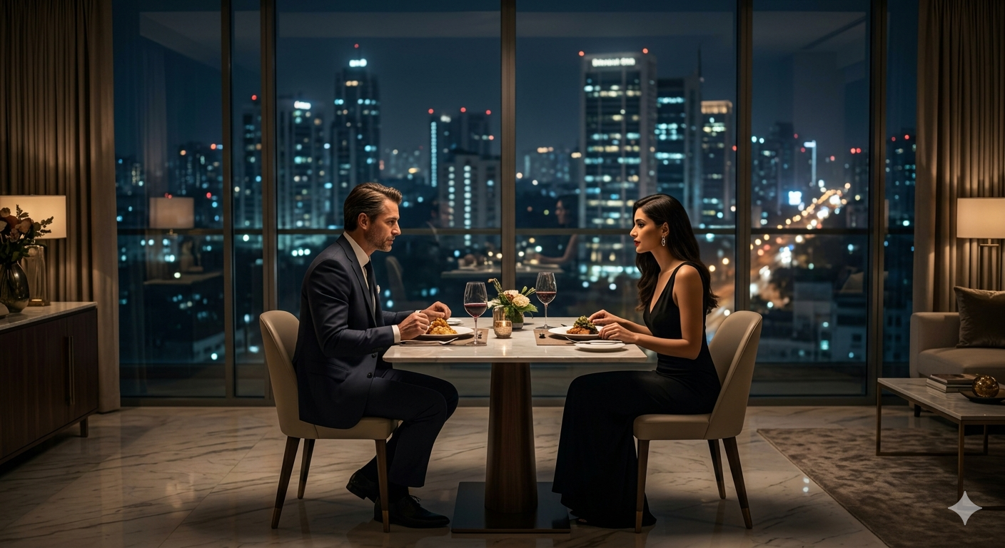 Private in-room dining experience at a luxury 5 star hotel gulshan penthouse suite overlooking the Dhaka skyline at night