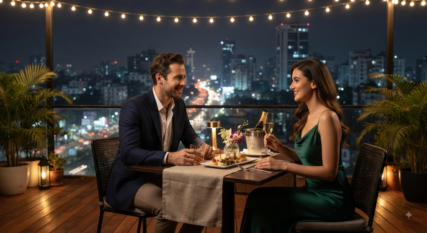Elegant couple enjoying bespoke companionship with champagne and whisky in a luxury Dhaka lounge at night