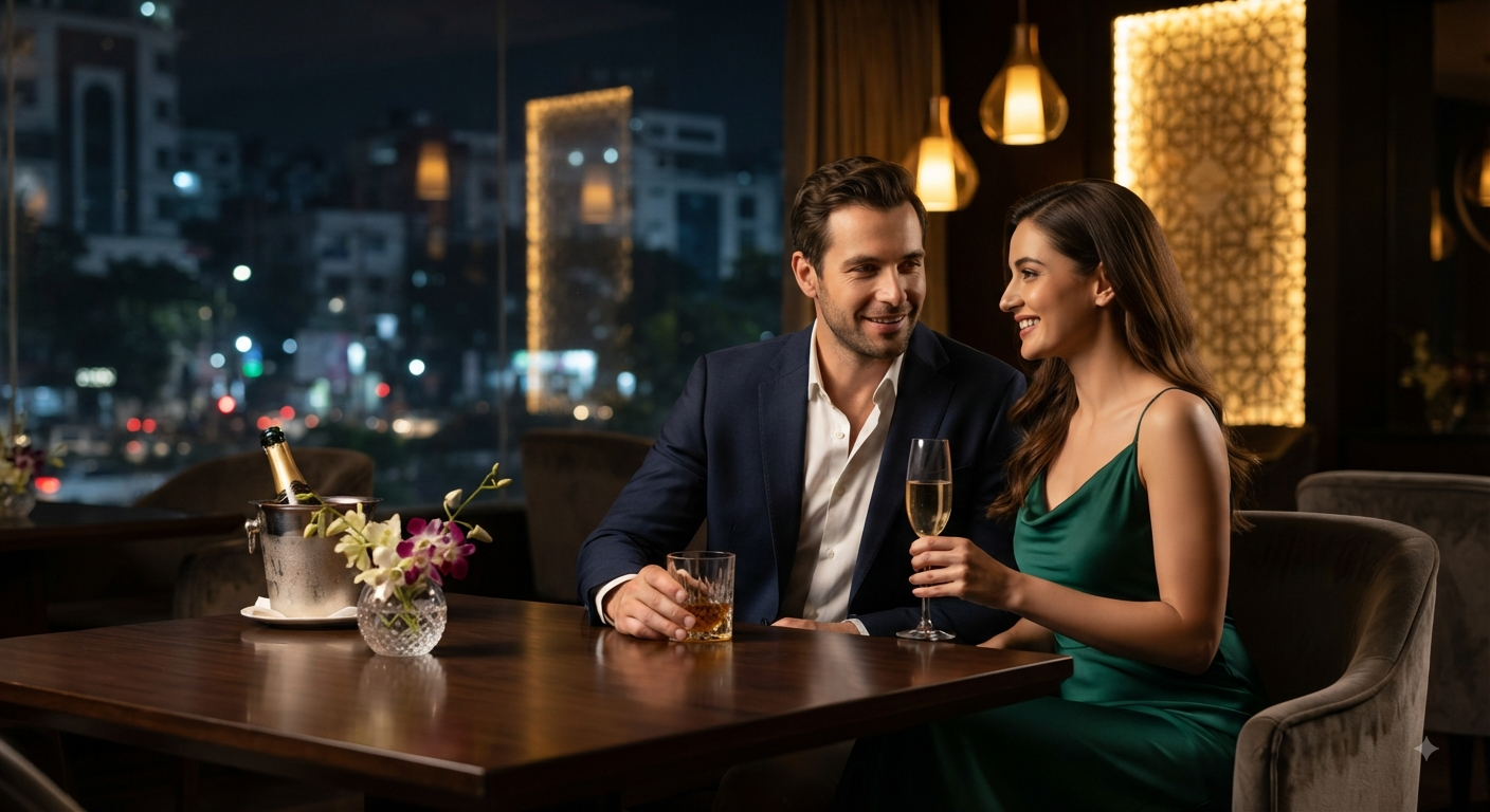Elegant couple enjoying bespoke companionship with champagne and whisky in a luxury Dhaka lounge at night